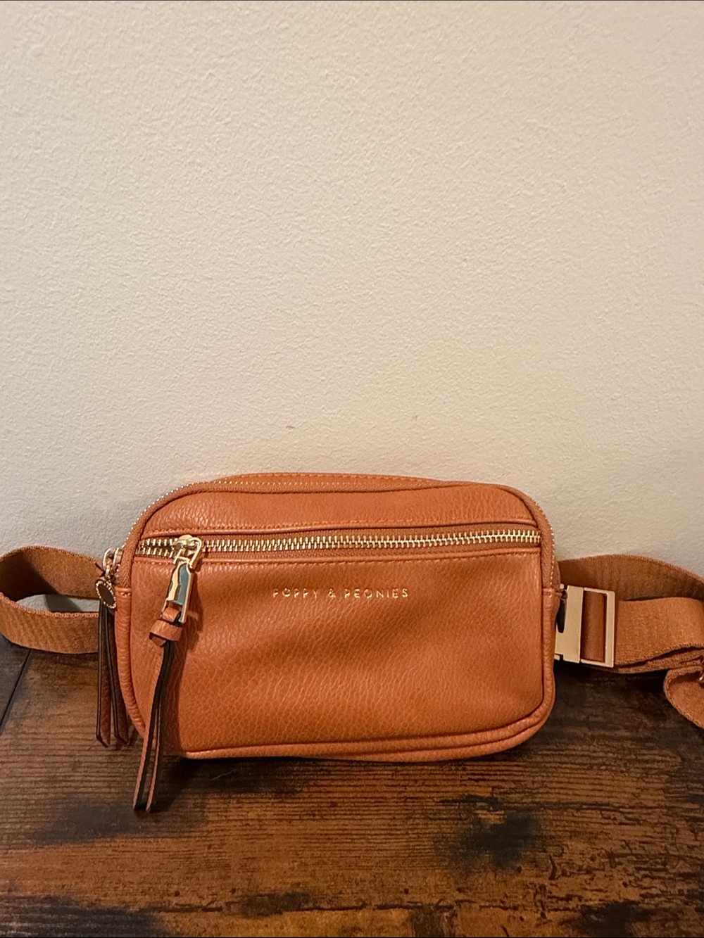 Poppy & Peonies Cognac Leather Belt Bag with Gold Hardware